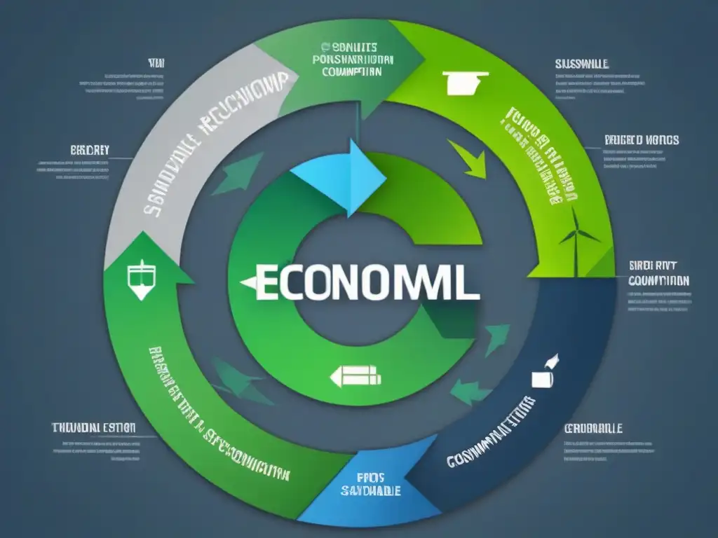 Un diagrama de economía circular detallado y minimalista con iconos de industrias interconectadas en un elegante diseño