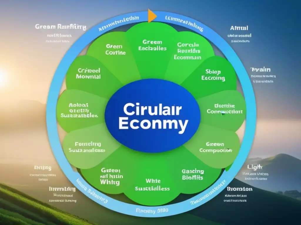 Diagrama de economía circular detallado con nodos tecnológicos interconectados en verde, azul y blanco