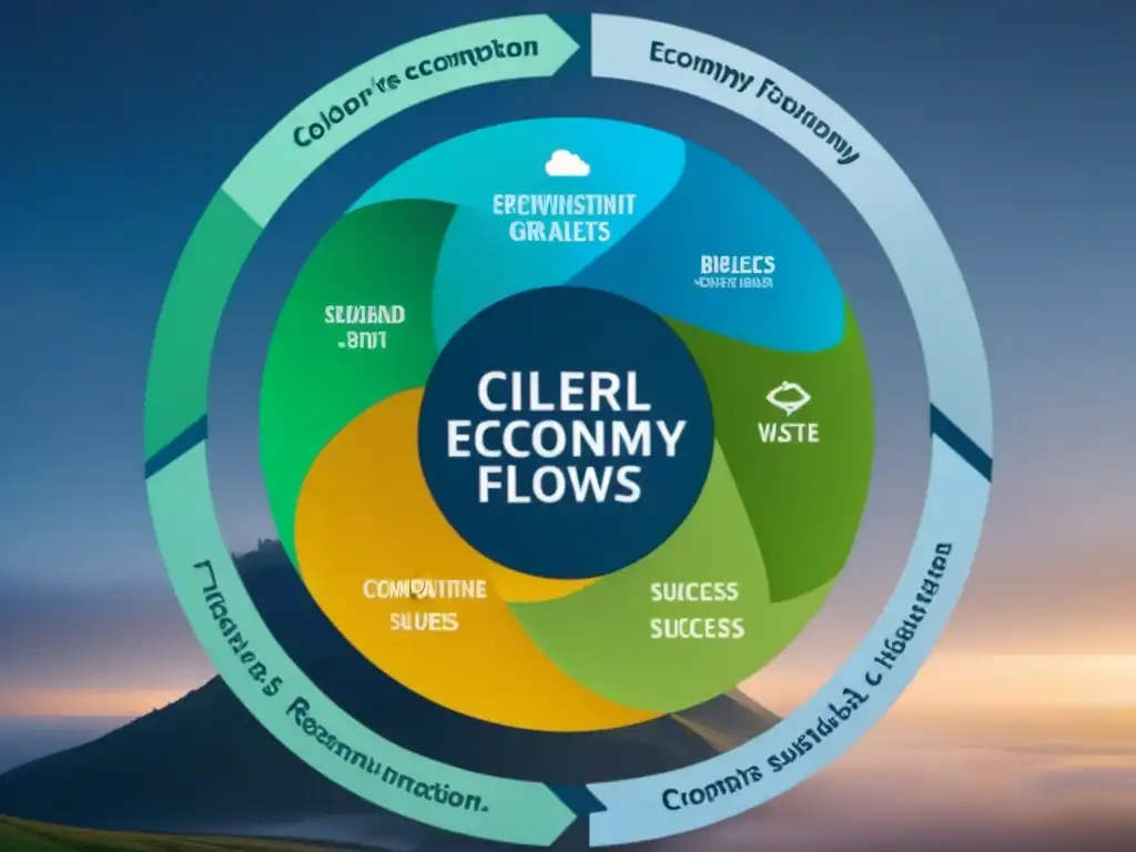 Diagrama de economía circular detallado en 8k con indicadores de éxito, flujo de recursos y prácticas sostenibles