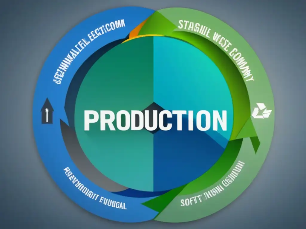 Diagrama de economía circular con flujo continuo de recursos en un sistema cerrado, mostrando industrias interconectadas