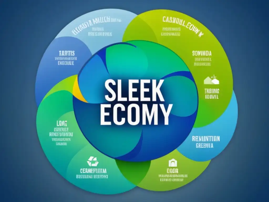 Diagrama de economía circular con flujo de recursos, iconos de reducir, reutilizar, reciclar y regenerar en tonos verdes y azules