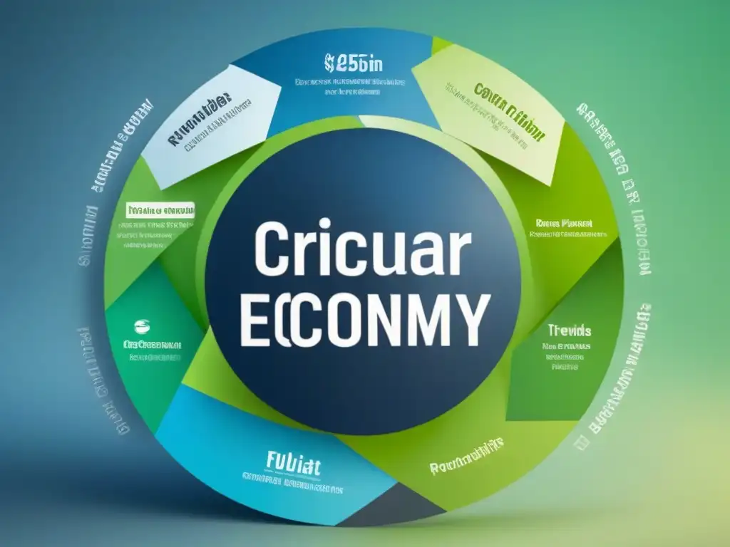 Diagrama de economía circular con indicadores de éxito en iniciativas, elegante y detallado en tonos de verde, azul y blanco