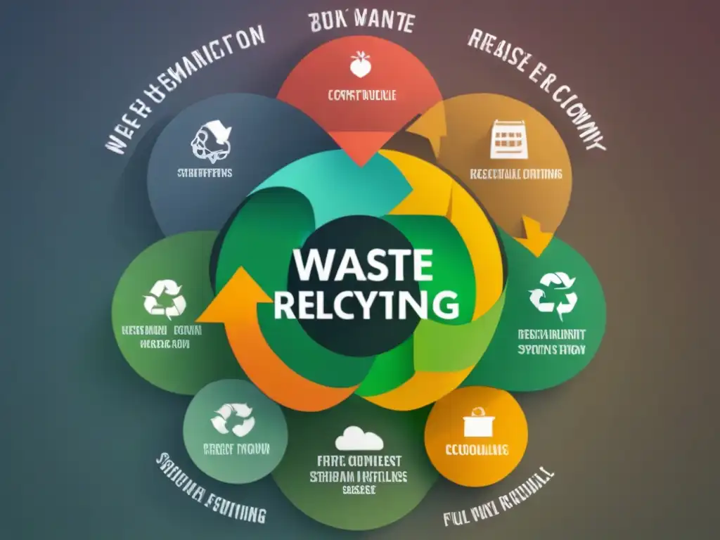 Un diagrama de economía circular zero waste, mostrando la interconexión de ciclos de reducción, reciclaje y reutilización