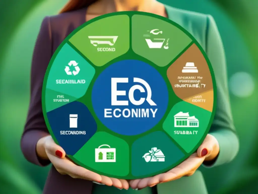 Diagrama de economía circular de moda de segunda mano, con iconos de reciclaje, reutilización y reducción de residuos en tonos verdes y azules