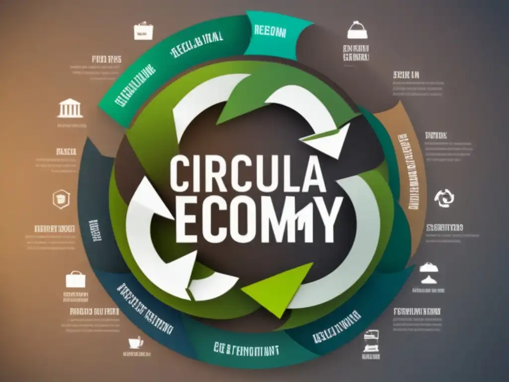 Un diagrama de economía circular sostenible con iconos de producción, consumo, reciclaje y reintegración, en tonos tierra