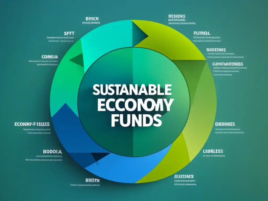 Diagrama elegante de economía circular con fondos inversión sostenibles, recursos renovables y crecimiento económico