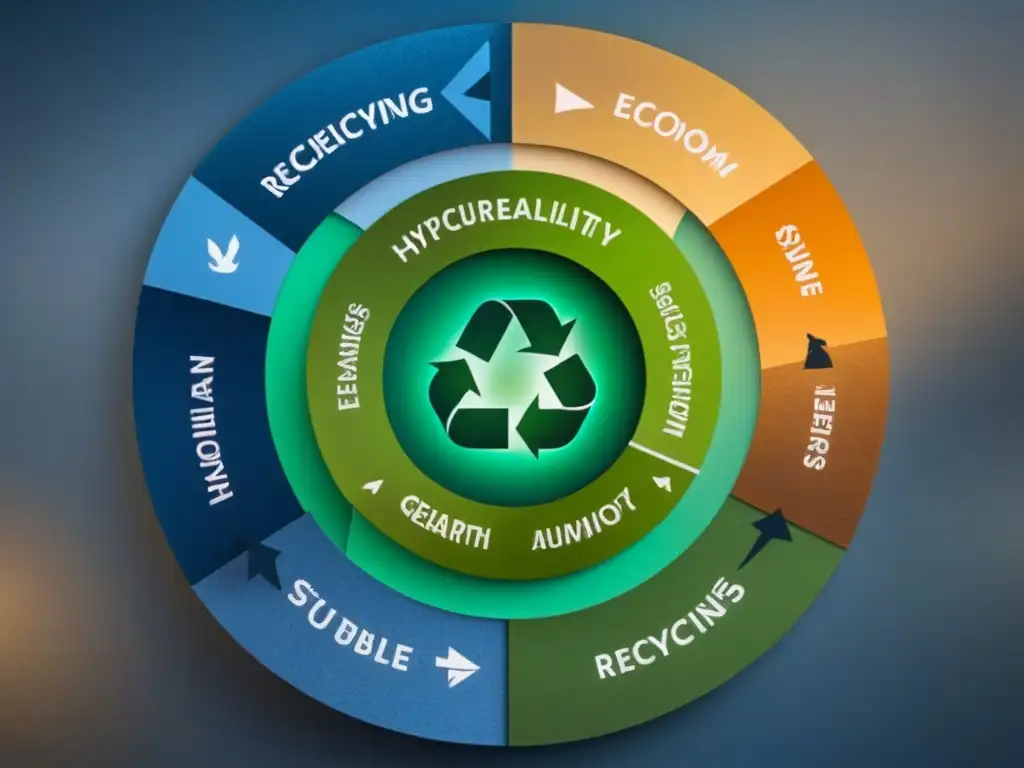 Un diagrama impactante de economía circular con innovaciones y productos sostenibles en tonos verdes y azules