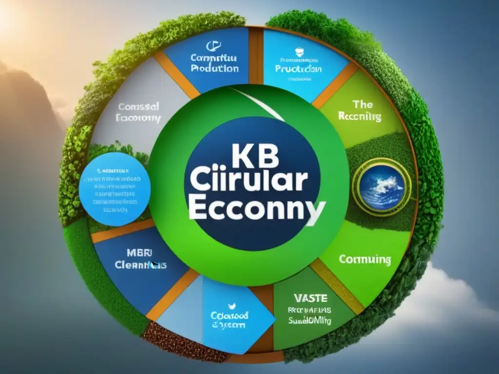 Diagrama minimalista de economía circular vs economía lineal con flujo continuo de recursos en un sistema cerrado