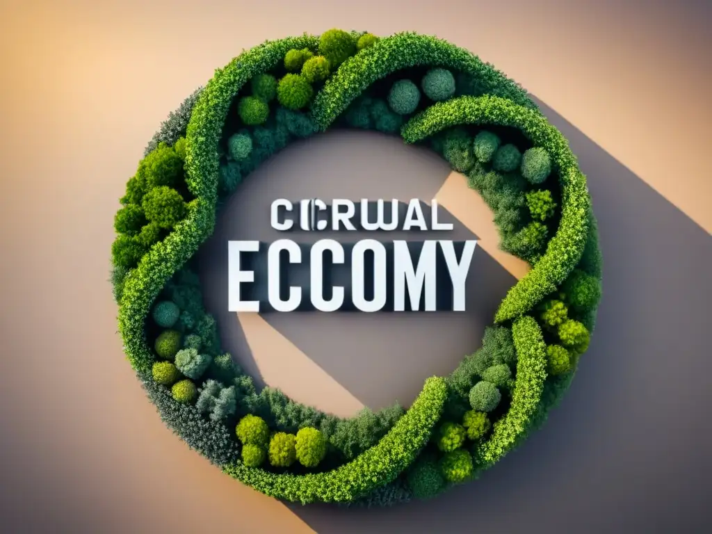 Diagrama minimalista de economía circular reduciendo huella ecológica con tonos tierra y líneas limpias