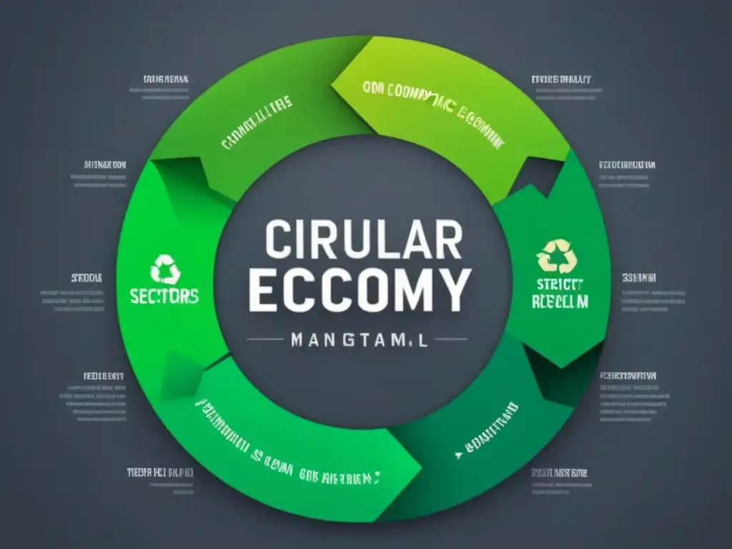 Un diagrama minimalista de economía circular con sectores interconectados, destacando la colaboración intersectorial en un diseño moderno y elegante