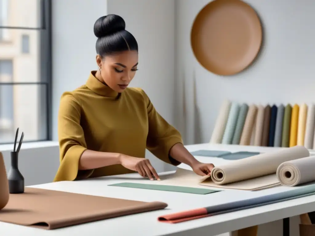 Un diseñador de moda crea con precisión un patrón zero waste en un elegante taller blanco, destacando las técnicas de diseño moda zero waste