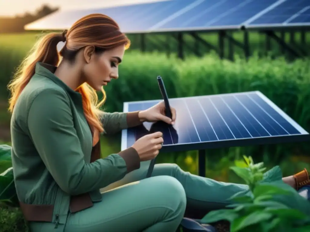 Diseñadora de moda sostenible creando con conciencia ambiental Diseñadora de moda sostenible creando línea ecofriendly entre naturaleza y paneles solares para combatir cambio climático