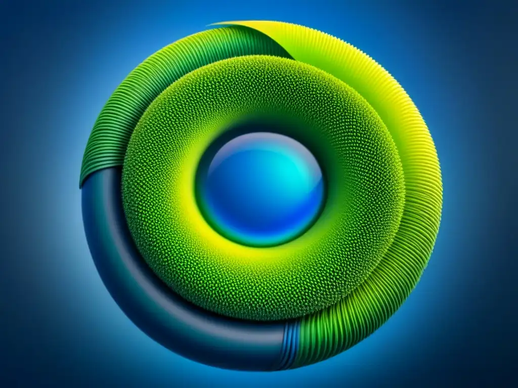 Un diseño abstracto y minimalista que representa los Principios de la economía circular sostenible con un loop interconectado en tonos de verde y azul