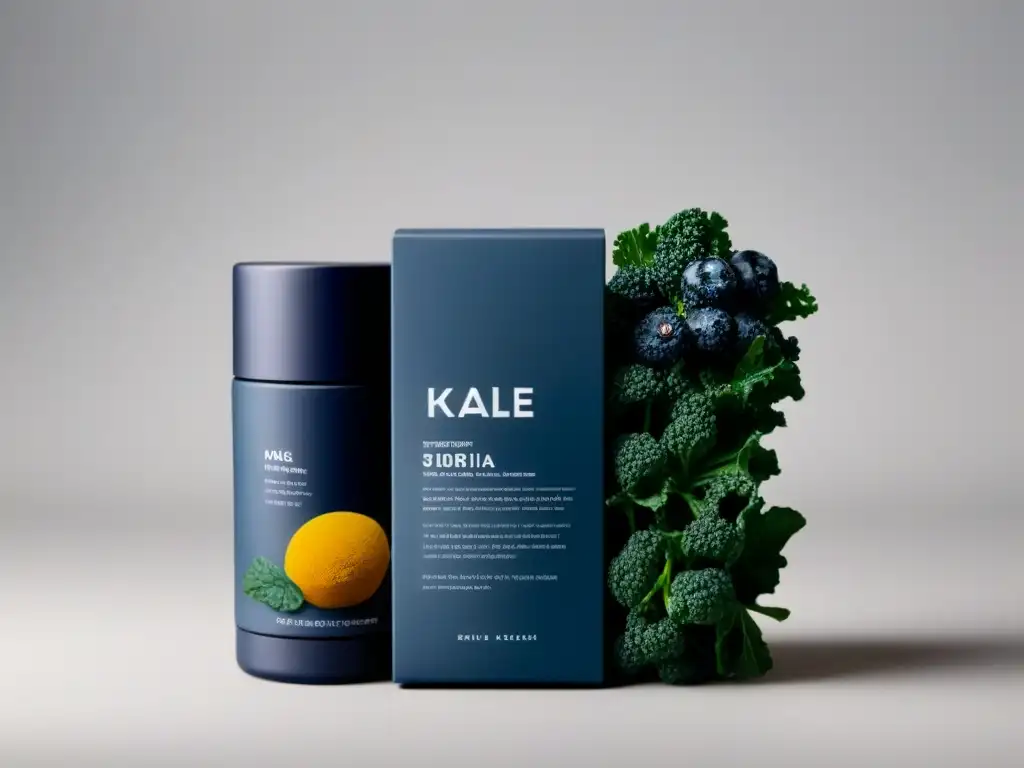 Diseño cosmético eco con beneficios superfoods como kale, arándanos y cúrcuma en envase minimalista y elegante