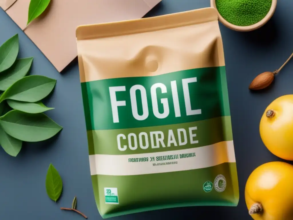 Diseño innovador de embalaje ecológico para alimentos en tonos terrosos y tipografía minimalista, con motivos de hojas