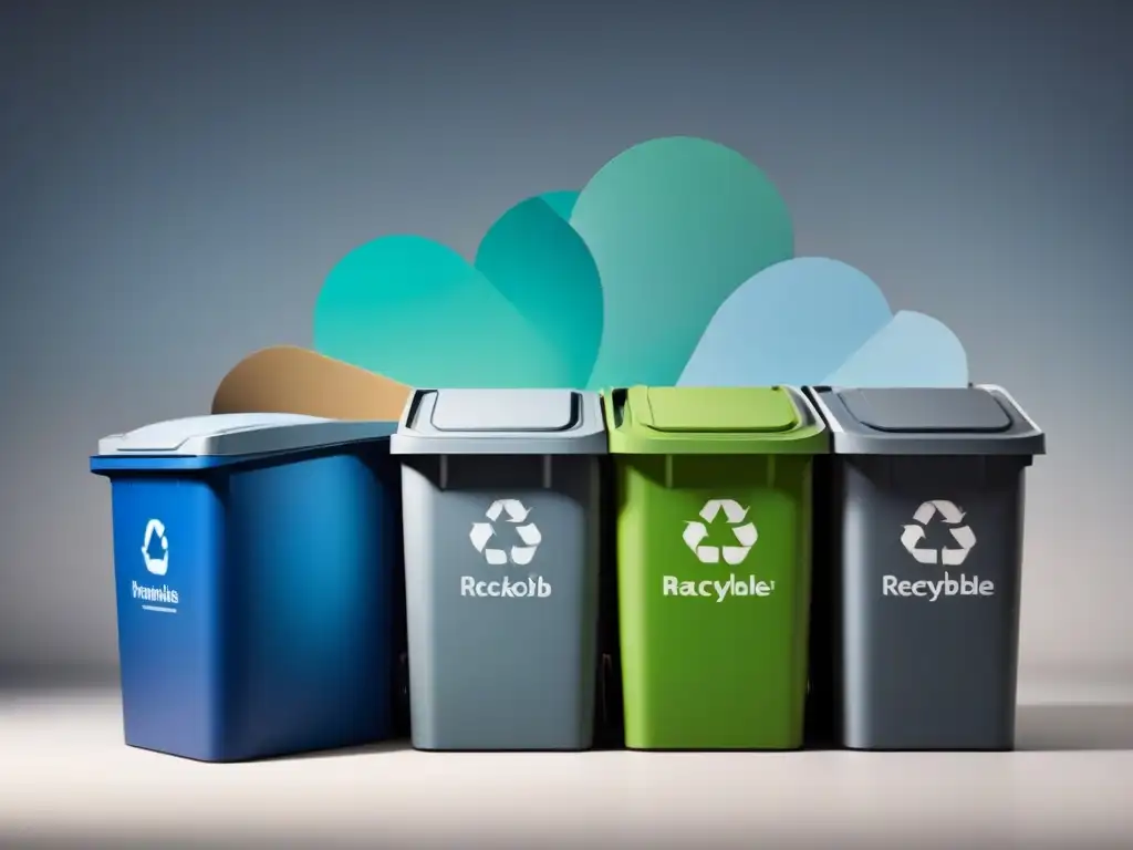 Un diseño minimalista de contenedores de reciclaje interconectados con etiquetas de materiales reciclables, en tonos verdes, azules y grises