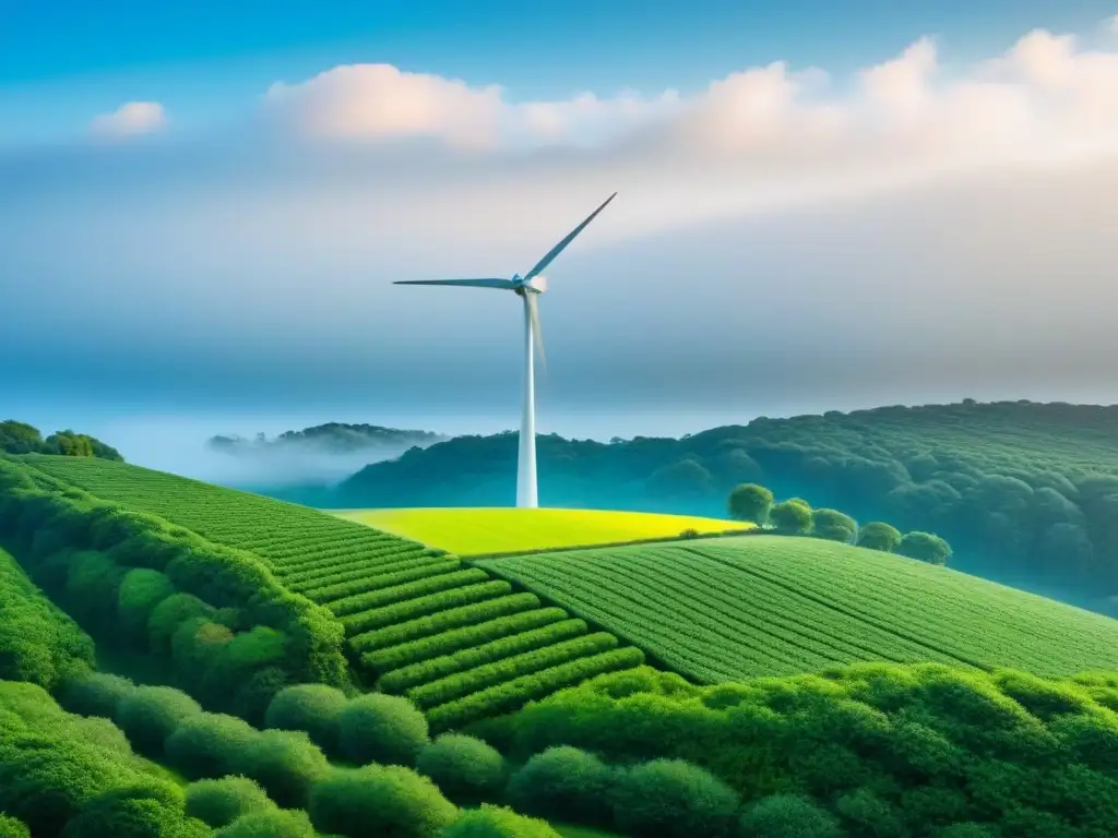 Diseño minimalista de turbina eólica en decoración sostenible con vistas al cielo azul y vegetación exuberante