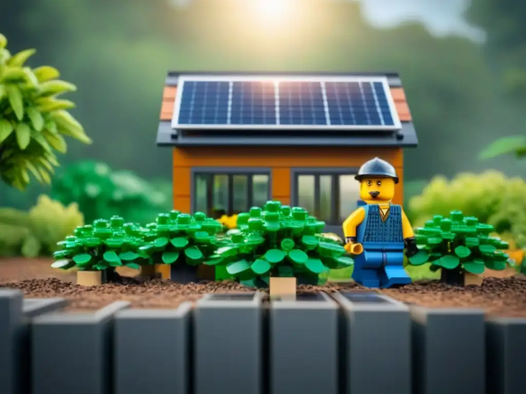 Un diseño LEGO moderno y sostenible rodeado de vegetación y paneles solares