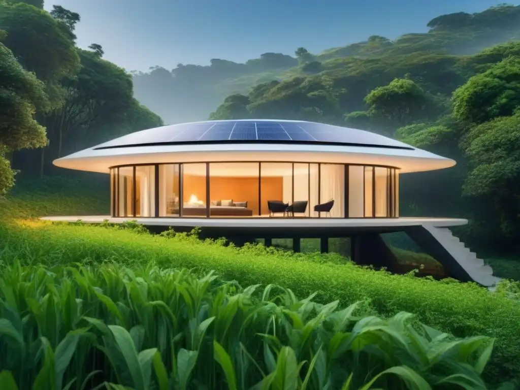 Diseño sostenible en economía circular: Edificio circular rodeado de vegetación y paneles solares, armonía con la naturaleza