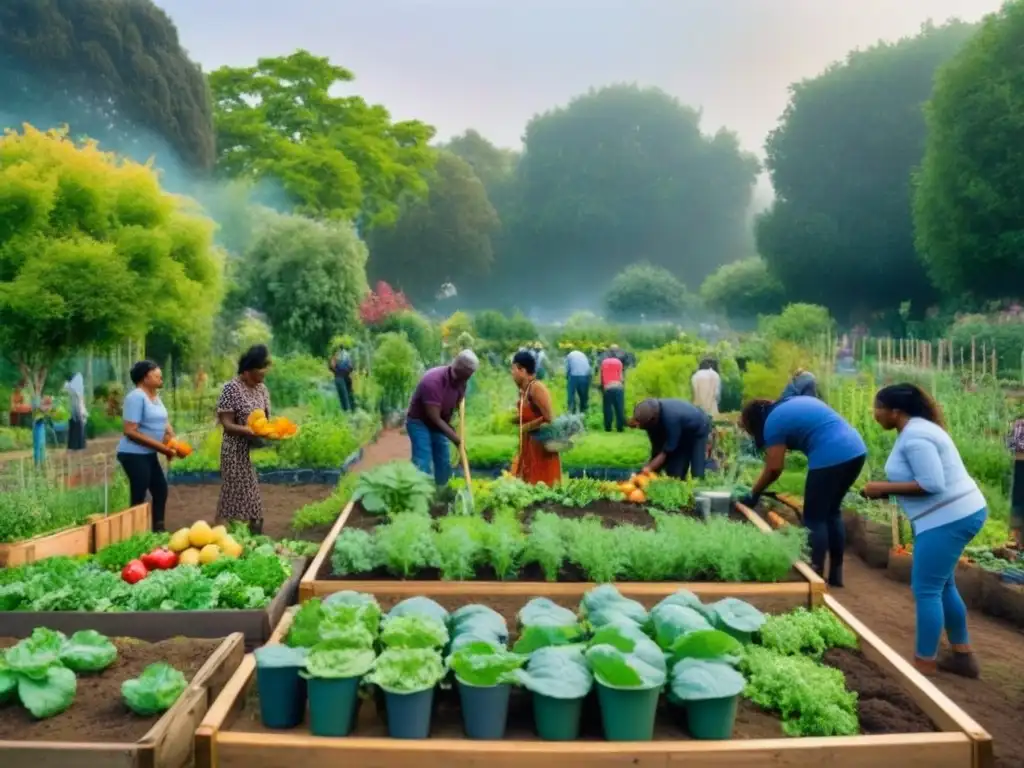 Diversidad en comunidad sostenible reduciendo desperdicio en jardín comunitario