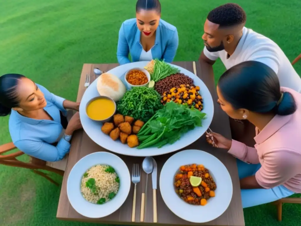 Diversidad y conexión en una comida al aire libre con platos vegetales