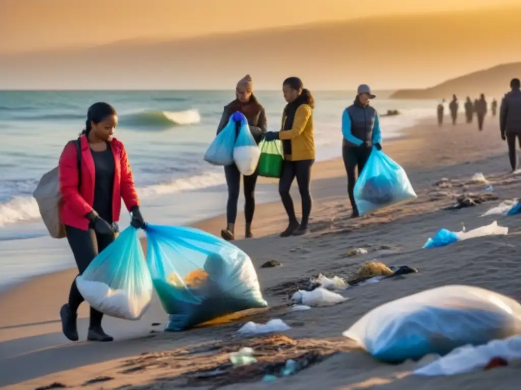 Diversidad cultural limpiando la playa al atardecer, solución zero waste para plásticos en océanos