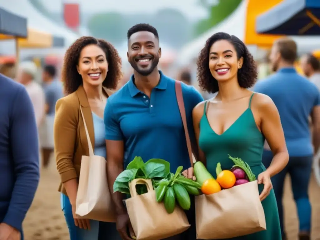 Diversidad de edades y etnias sonrientes con bolsas reusable de productos frescos en un mercado, promoción estilo de vida zero waste