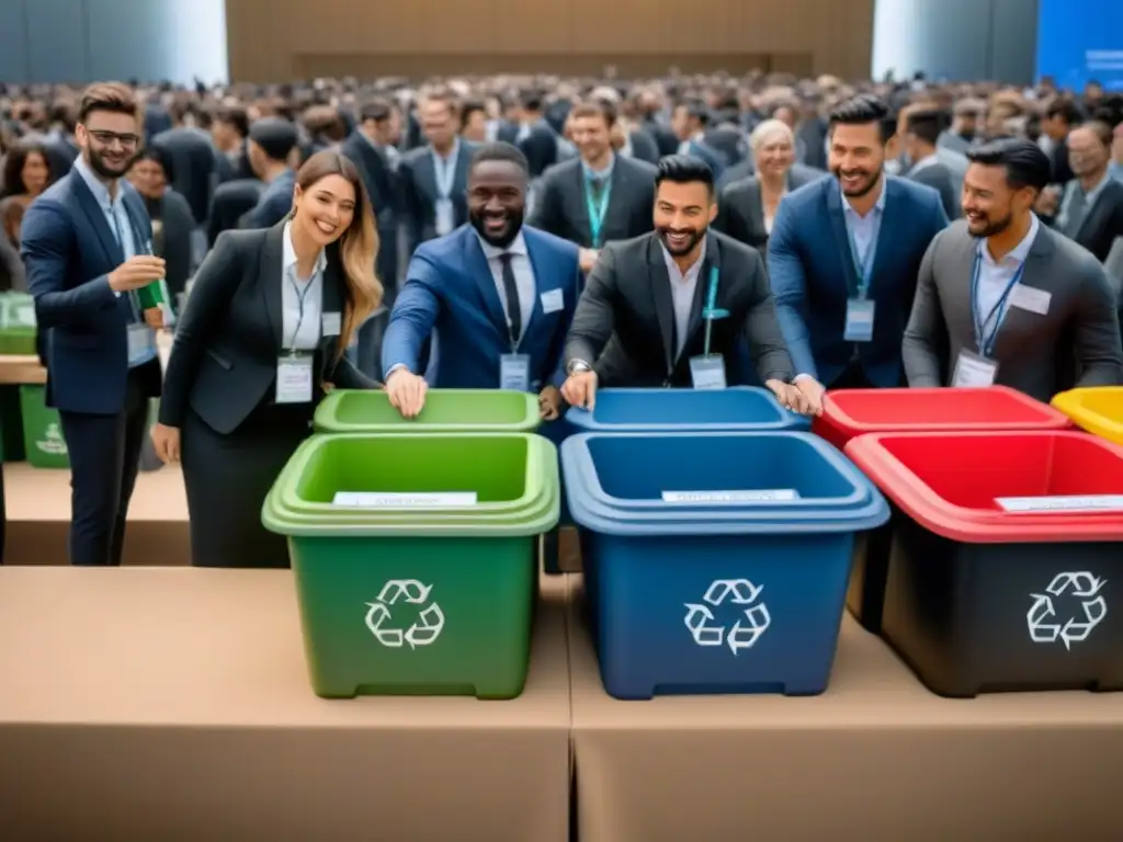 Diversidad en evento de Eventos internacionales residuo cero: personas felices separando reciclables y compostables en un salón moderno