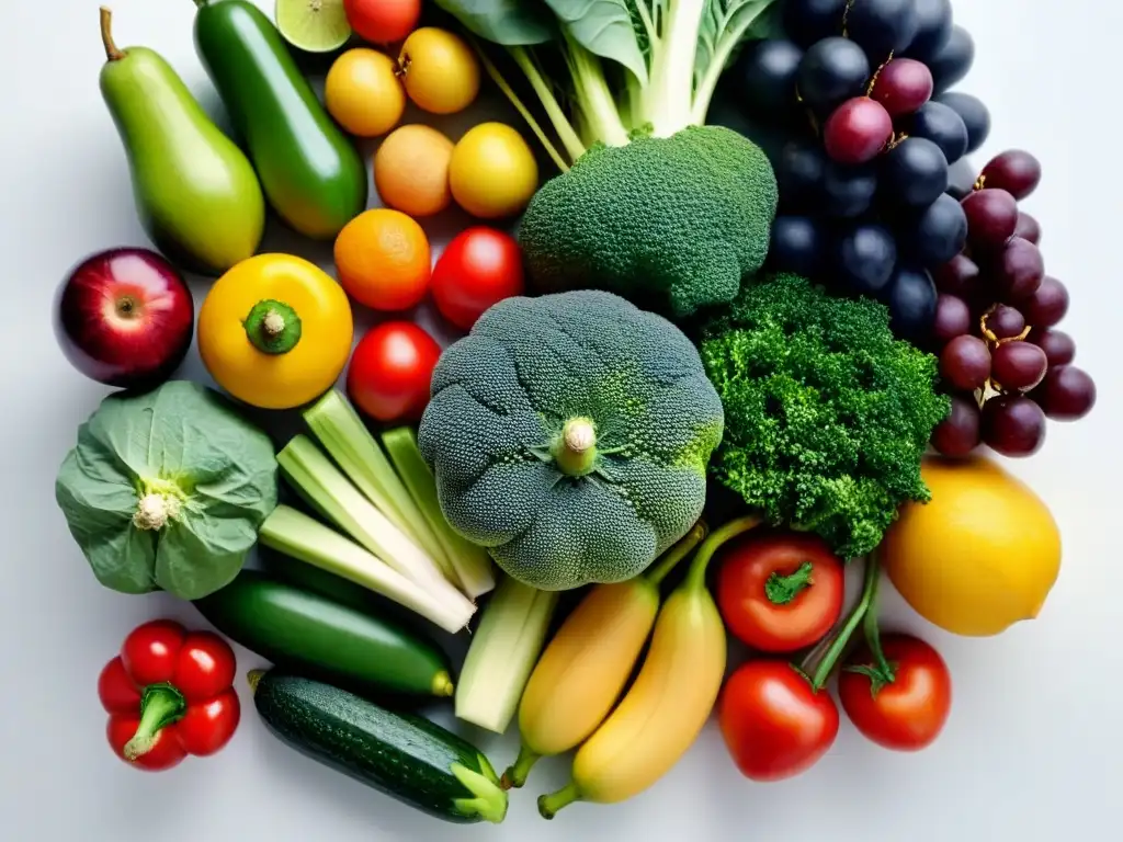 Diversidad de frutas y verduras vibrantes y frescas, organizadas en filas en una superficie blanca