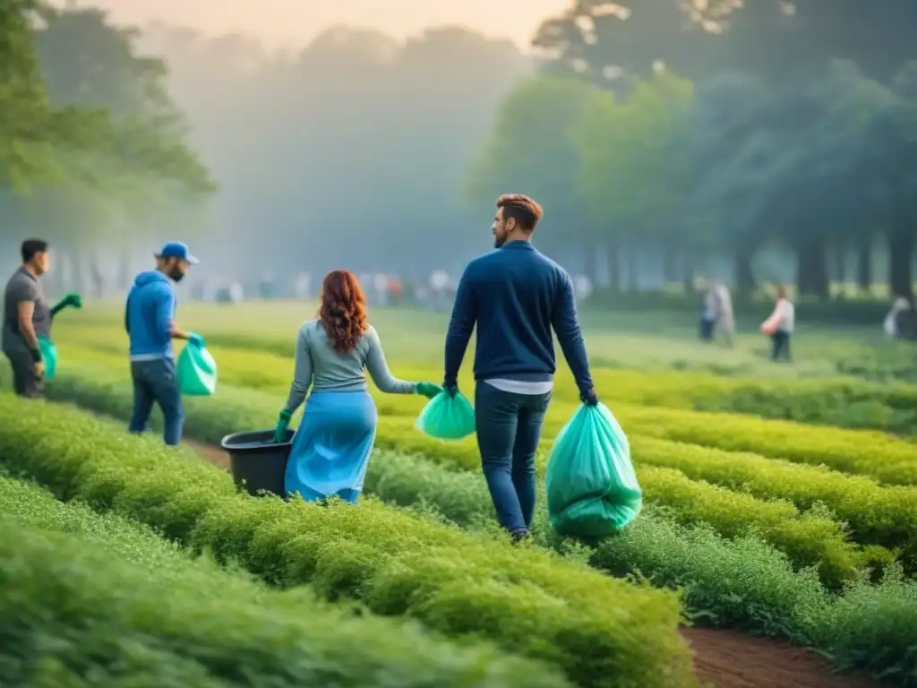 Diversidad de personas trabajando juntas para limpiar un parque, fomentando la conciencia reciclaje campañas educación sostenible