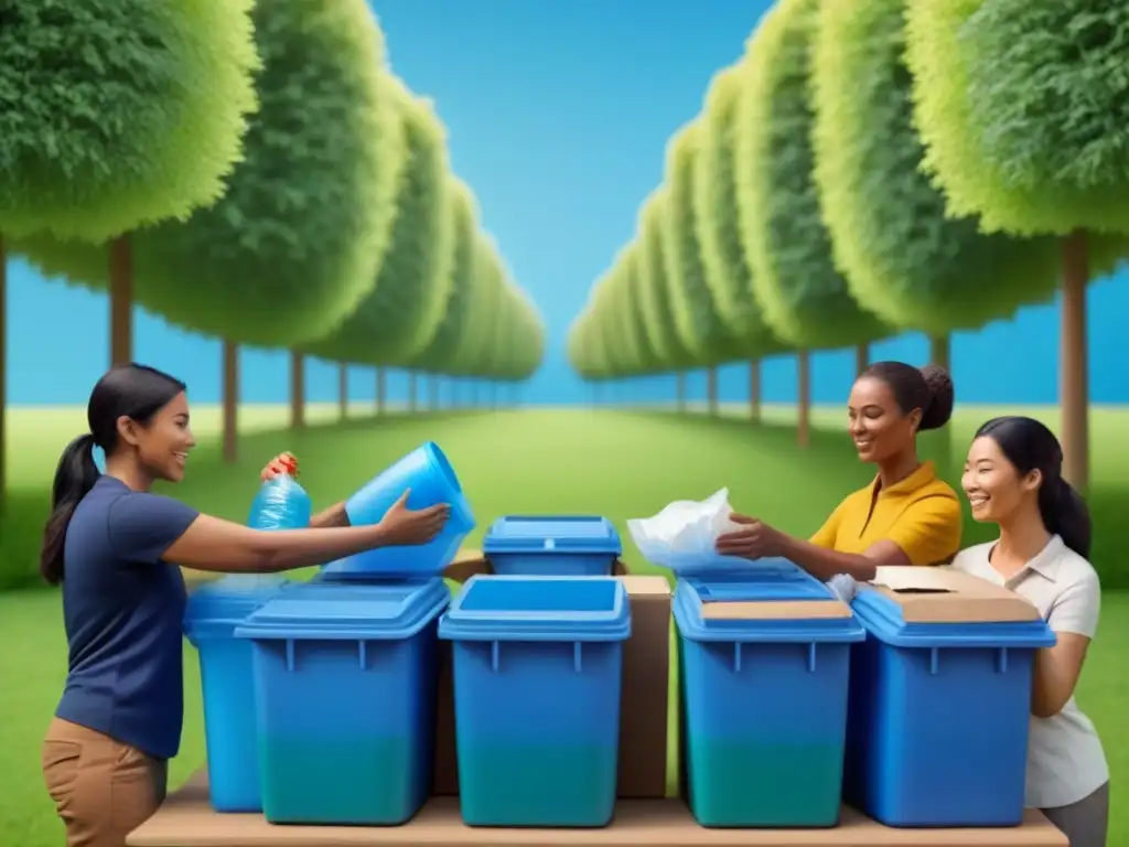 Diversidad en voluntariado reciclaje estilo vida sostenible en parque verde bajo cielo azul