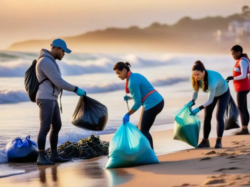 Diversidad de voluntarios limpiando una playa al amanecer, enfoque en el voluntariado residuos cero playa