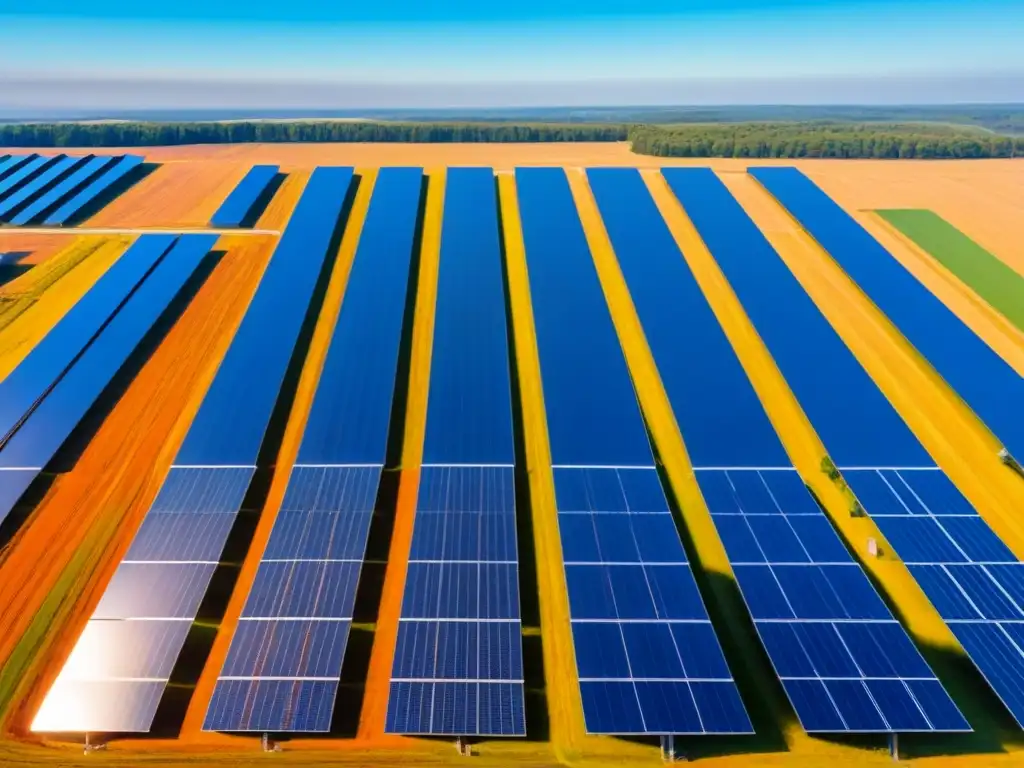 Un documental sobre soluciones innovadoras para el cambio climático: vista aérea de una granja solar bajo un cielo azul brillante