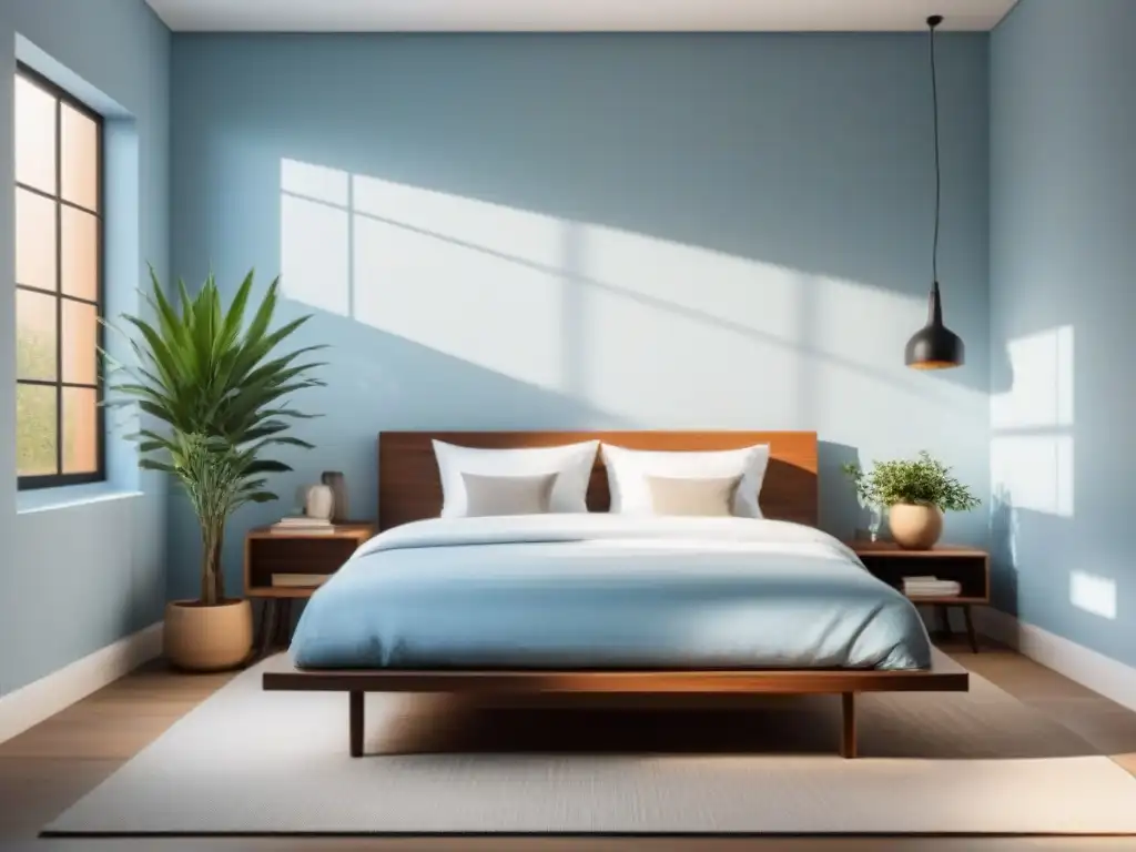 Un dormitorio minimalista tranquilo con cama plataforma, ropa blanca, planta en mesa de noche y luz natural