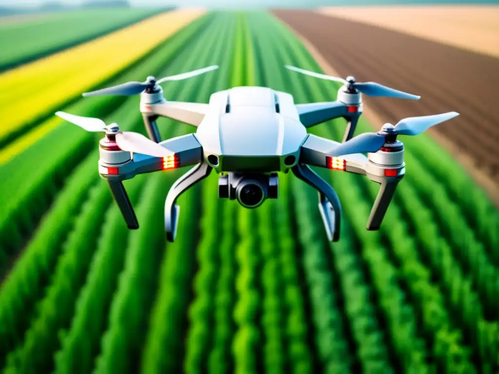 Un dron futurista sobrevolando campos agrícolas verdes, capturando datos para monitoreo preciso