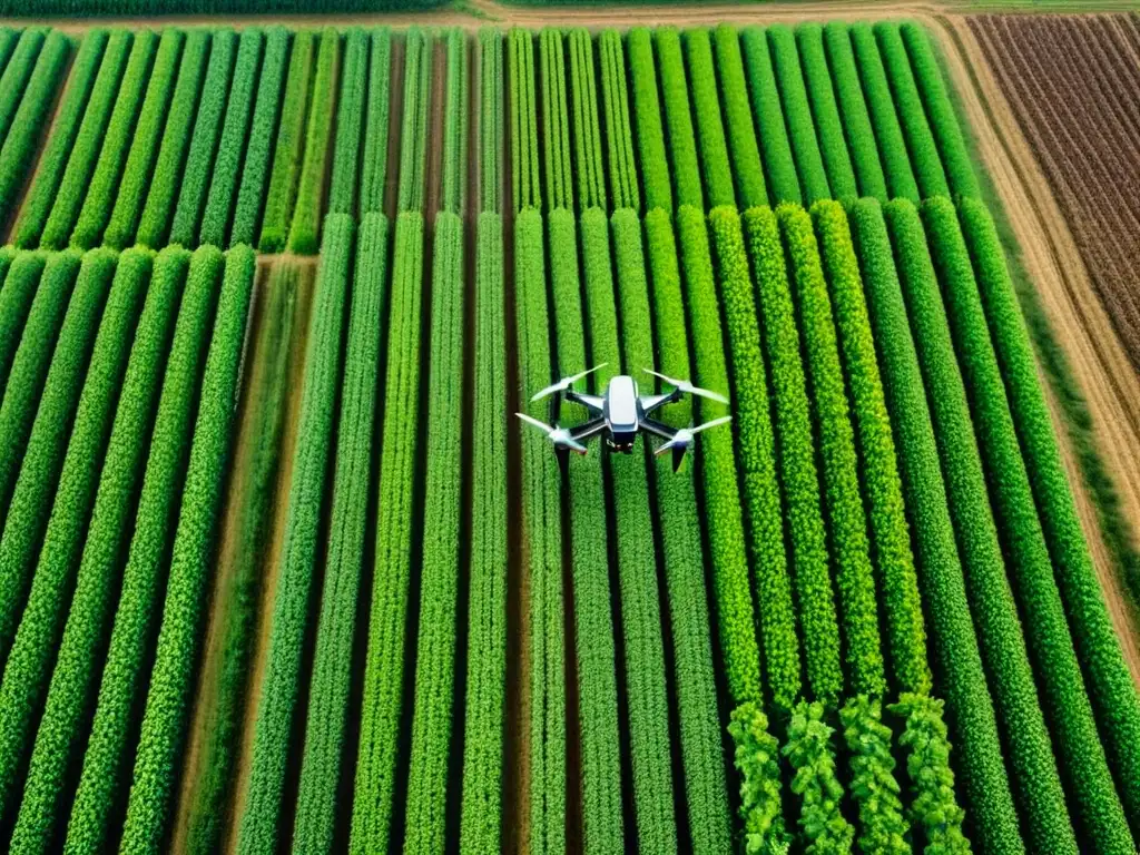 Un dron dispersando semillas con precisión en un campo agrícola verde exuberante