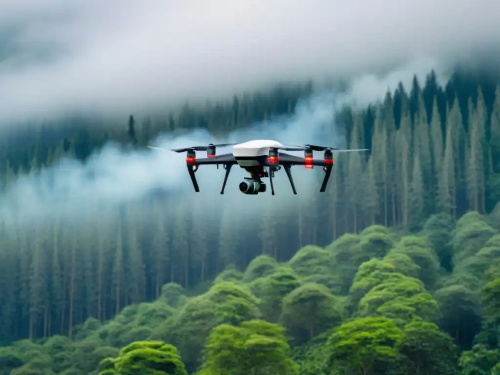 Drone de alta tecnología sobrevolando un bosque verde exuberante para reforestación y captura de carbono