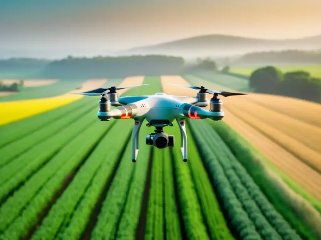 Un drone surca los cielos sobre campos verdes, revelando tecnología en agricultura sostenible