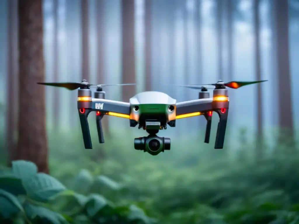 Un drone moderno y sostenible sobrevuela un bosque verde, destacando su potencial para aplicaciones sostenibles de drones