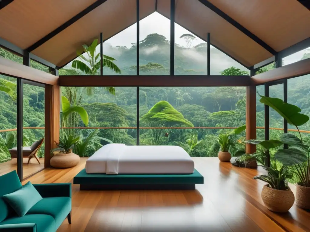 Un eco lodge de lujo en la selva, con diseño moderno y sostenible integrado en la exuberante naturaleza