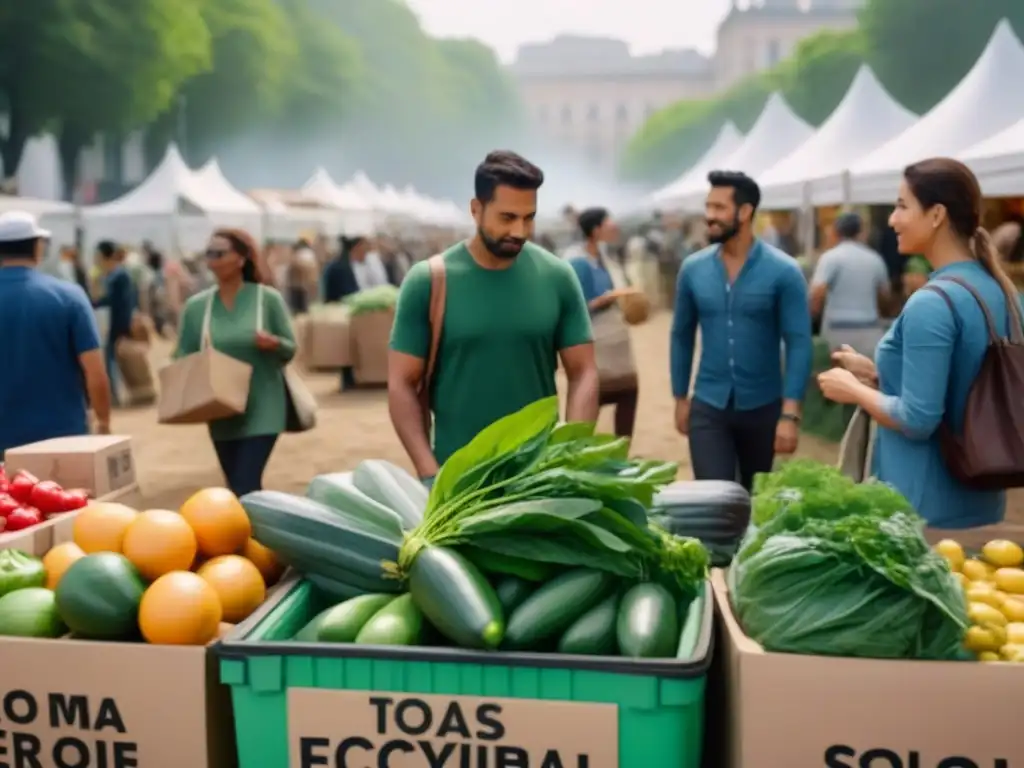 Una ecoferia vibrante con diversidad de productos sostenibles y prácticas ecológicas