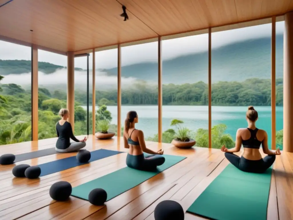 Un ecohotel sostenible en armonía con la naturaleza: huéspedes practican yoga en una terraza de madera con vista al lago