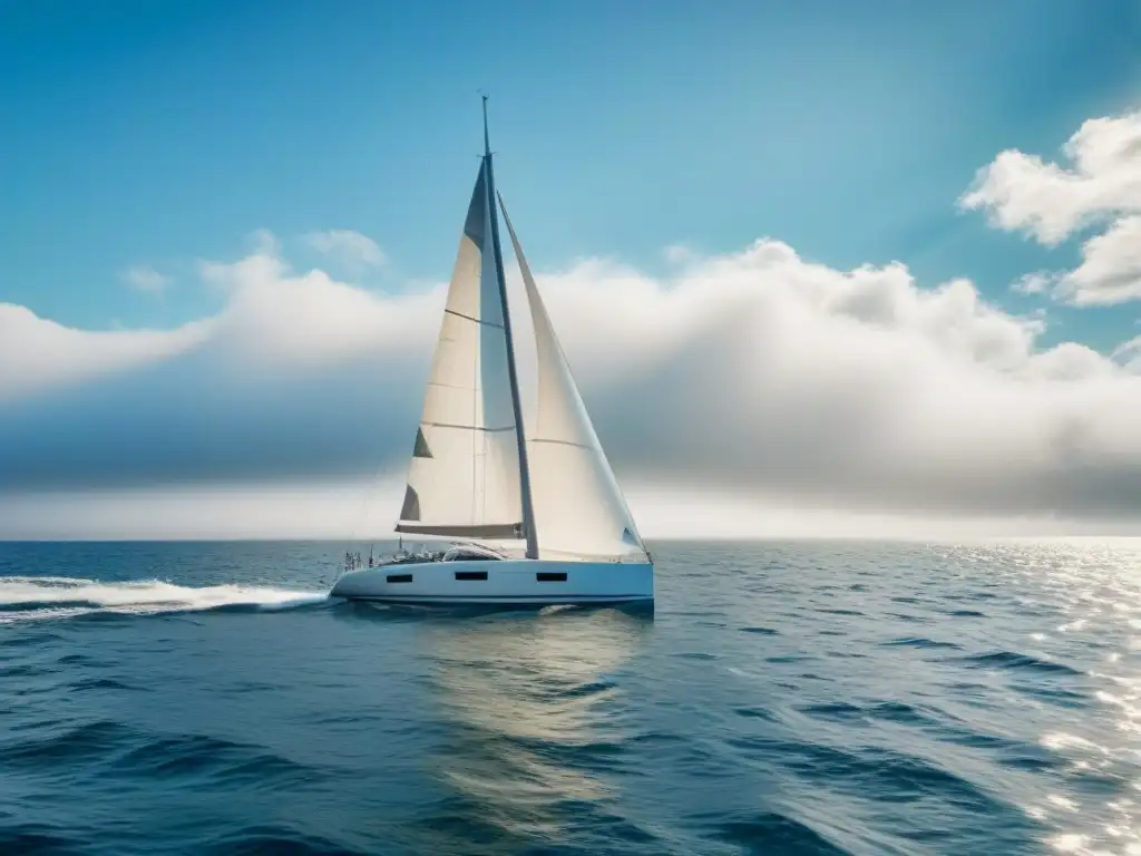 Navegación ecológica en velero: un velero ecológico surcando aguas cristalinas bajo un cielo despejado, transmitiendo armonía con la naturaleza