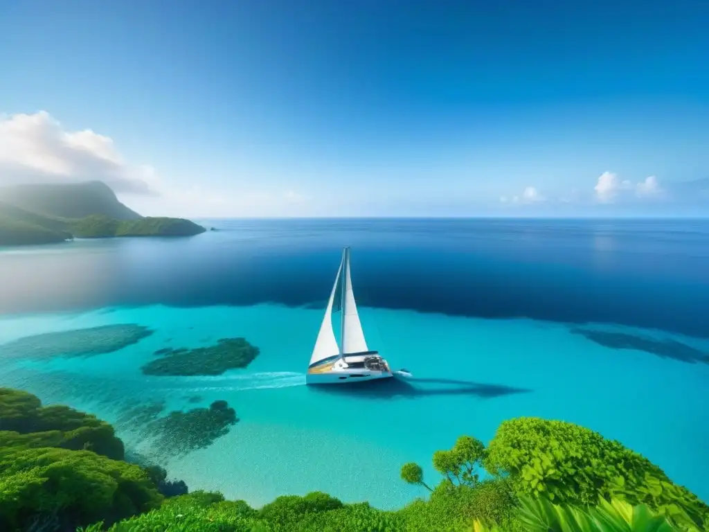 Navegación ecológica en velero: Un velero elegante surcando aguas cristalinas, rodeado de vida marina vibrante bajo el sol brillante