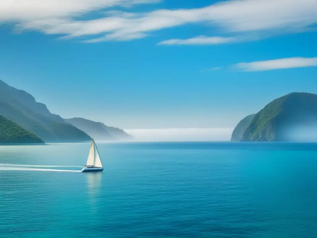 Navegación ecológica en velero: Un velero elegante surcando aguas turquesas, bajo un cielo despejado y colinas lejanas