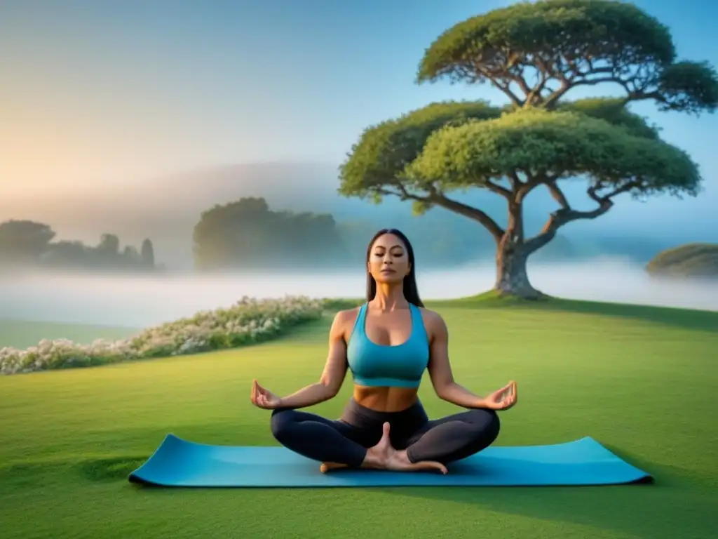 Práctica de yoga ecológico para conectar con la naturaleza en un campo verde vibrante bajo un cielo azul claro