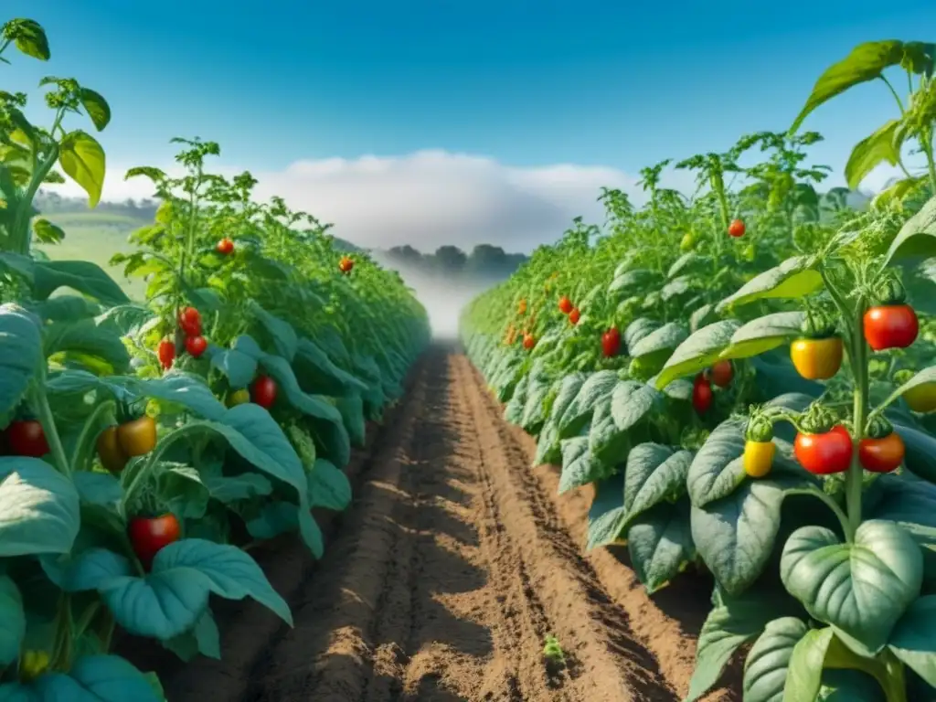 Un jardín ecológico con tomates, pepinos y pimientos, abejas polinizando, reflejando un ecosistema vibrante de técnicas conservas caseras