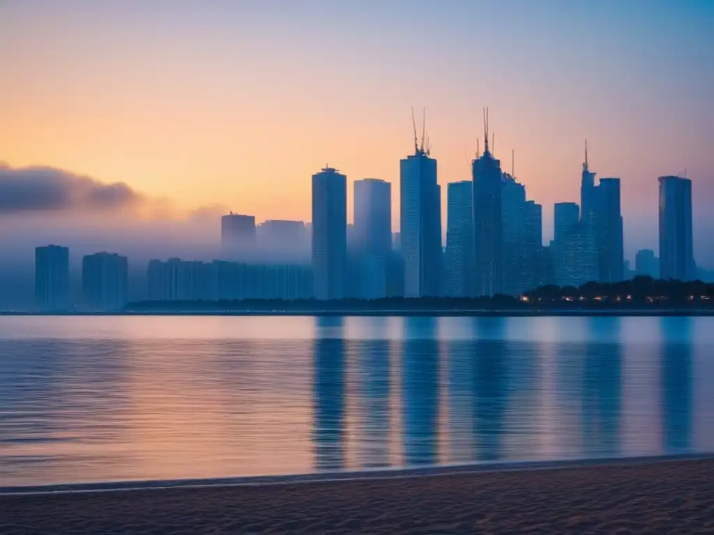 La economía circular en un estilo de vida sostenible: ciudad moderna al atardecer, luz suave iluminando edificios altos y agua serena