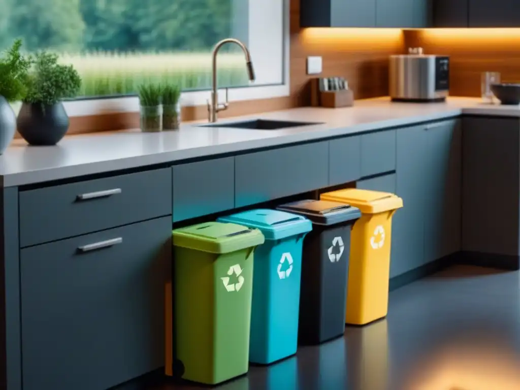 Economía circular en el hogar: Cocina moderna con contenedores de reciclaje organizados, iluminada con luz natural