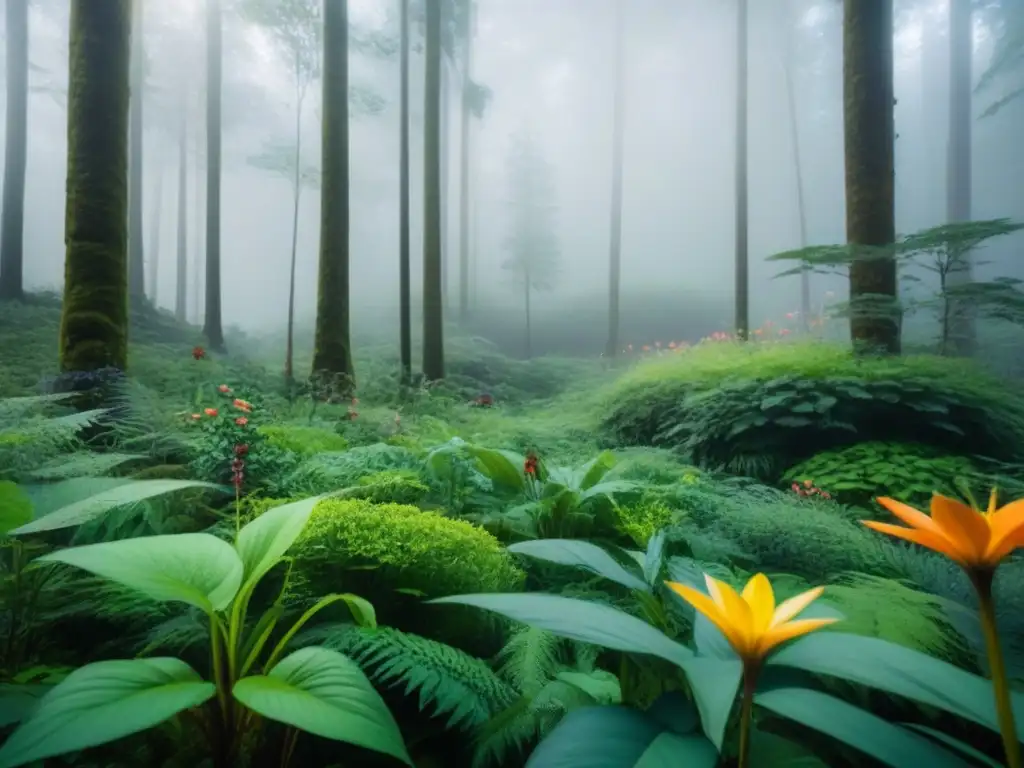 Un ecosistema forestal exuberante y armonioso, resaltando la biodiversidad y la interconexión de la naturaleza